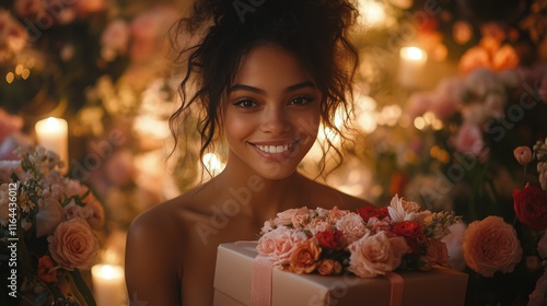 Smiling woman holding a gift surrounded by flowers and soft candlelight in a ...