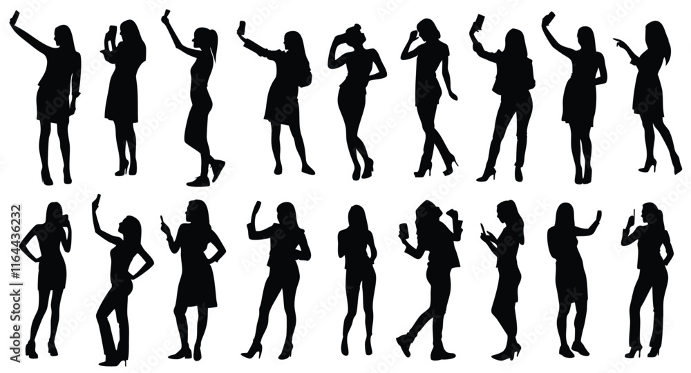 A set of women taking selfie vector silhouette illustration A set of women taking selfie vector silhouette illustration