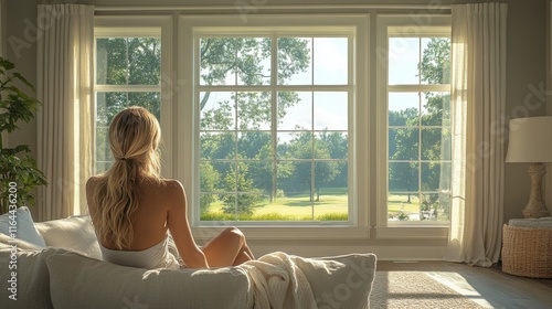 Relaxing on a cozy sofa in a sunlit living room surrounded by nature