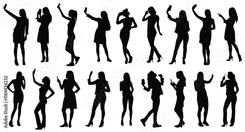A set of women taking selfie vector silhouette illustration