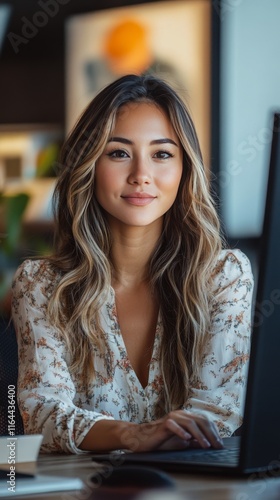 Professional woman with long hair working at desk in modern office environmen...