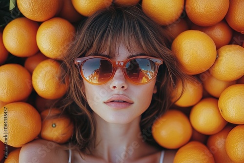 Woman wearing sunglasses surrounded by vibrant oranges in a bright market set...