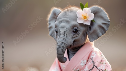 there is a small elephant wearing a kimono outfit and a flower. photo