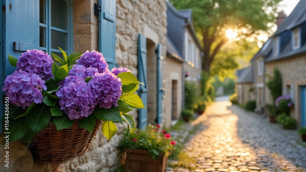 Naklejka premium Vibrant Purple Hydrangeas in a Basket Hanging on a Charming Stone Cottage Wall, Sunny Cobblestone Street Scene