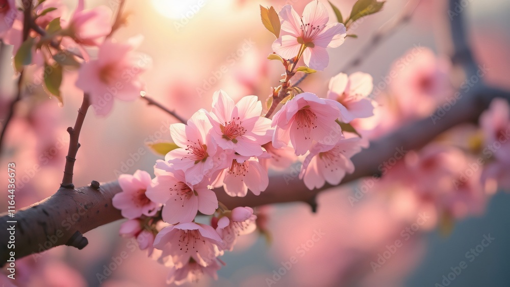 Obraz premium Serene Spring Blossoms, Pastel Pink Tree in Warm Sunlight, Delicate Petals, Soft Focus, Gentle Awakening
