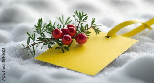 Yellow Gift Tag with Green Sprig and Red Berries on Snowy Surface. photo