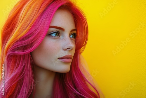 Young woman with vibrant orange and pink hair showcasing beauty and confidenc...