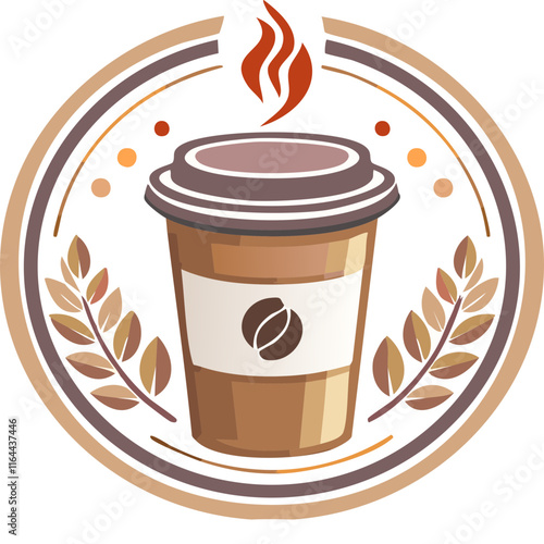 Round isolated logo, with coffee cup, take away. Icon for coffee shop, vector illustration