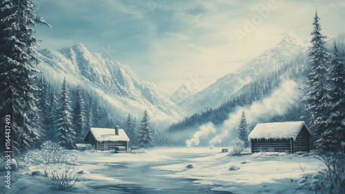 Snow-covered wooden chalets with smoke rising under frosty skies, European Winter Landscapes, Digital Art photo