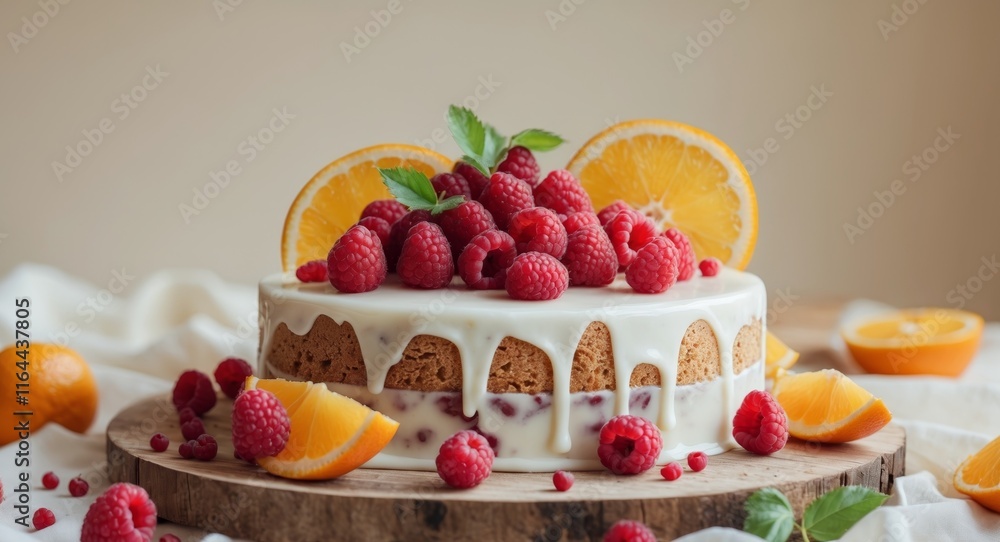 Fresh Fruit Cake with Raspberries and Orange on Wooden Board Fresh Fruit Cake with Raspberries and Orange on Wooden Board