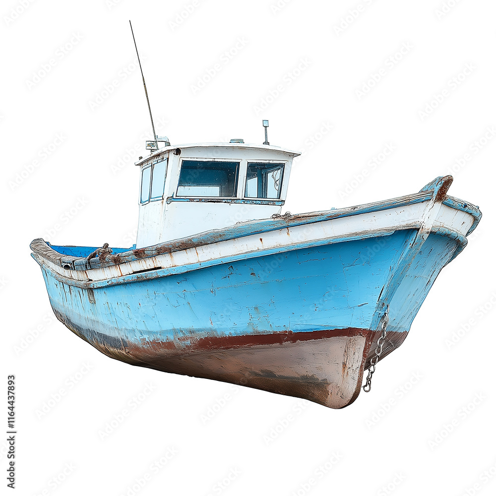 Old blue and white fishing boat isolated on white background Old blue and white fishing boat isolated on white background