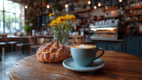 Coffee and pastry on a wooden table in a cozy cafe with greenery and warm lights
