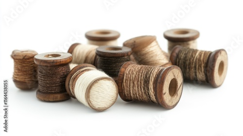 Bobbins of various colored thread arranged harmoniously on a white background for sewing and crafting purposes. photo