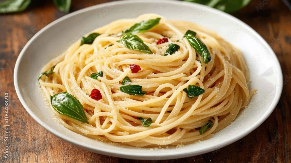 boiled pasta with fresh basil and red pepper served on a white dish atop a rustic wooden table background boiled pasta with fresh basil and red pepper served on a white dish atop a rustic wooden table background