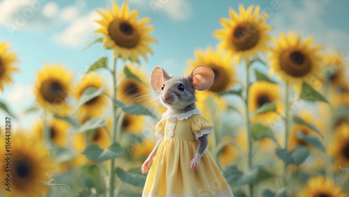 Charming mouse in dress standing in sunflower field. photo