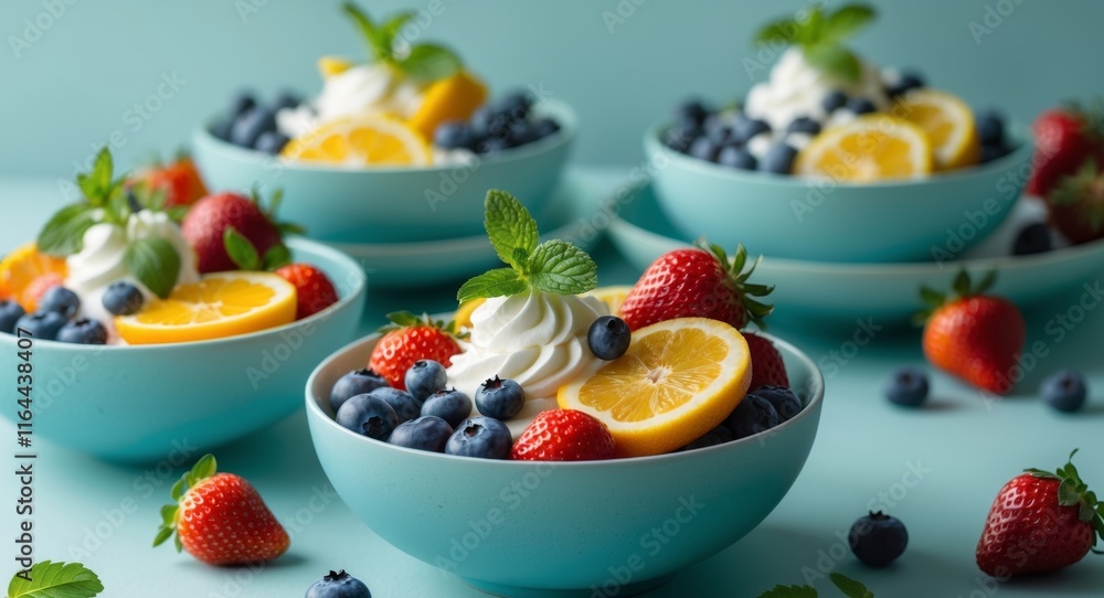 Vibrant dessert bowls with fresh fruits and mint on teal background. Vibrant dessert bowls with fresh fruits and mint on teal background.