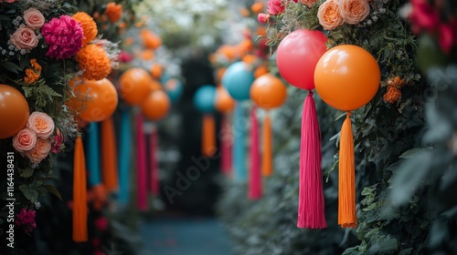 Vibrant floral archway with colorful balloons and tassels at a festive outdoo...