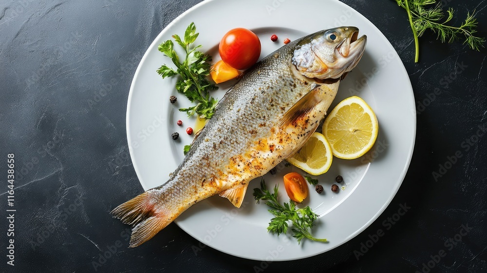 Boiled fish served on a white plate with lemon and herbs on a contemporary black dining table Boiled fish served on a white plate with lemon and herbs on a contemporary black dining table