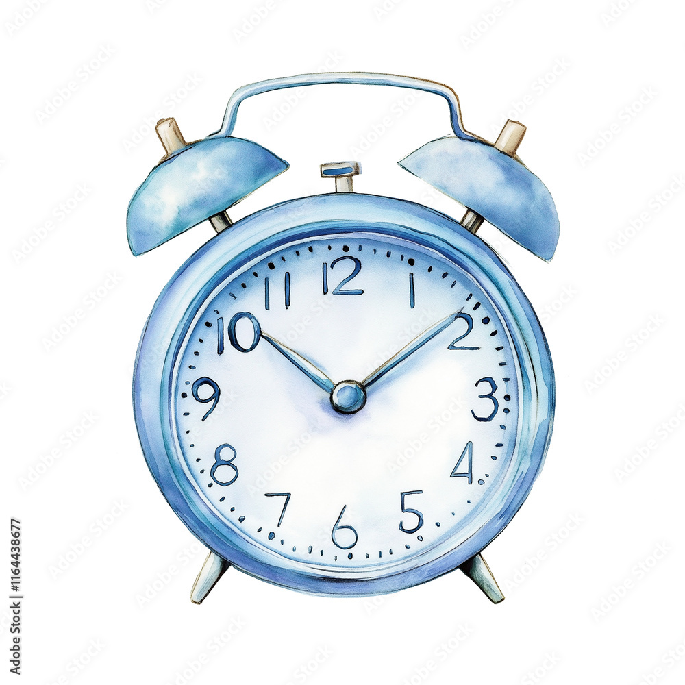 Blue alarm clock ringing showing time passing watercolor illustration Blue alarm clock ringing showing time passing watercolor illustration