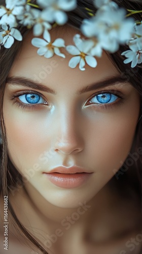 Close-up of a woman with striking blue eyes and a white flower in her hair du...