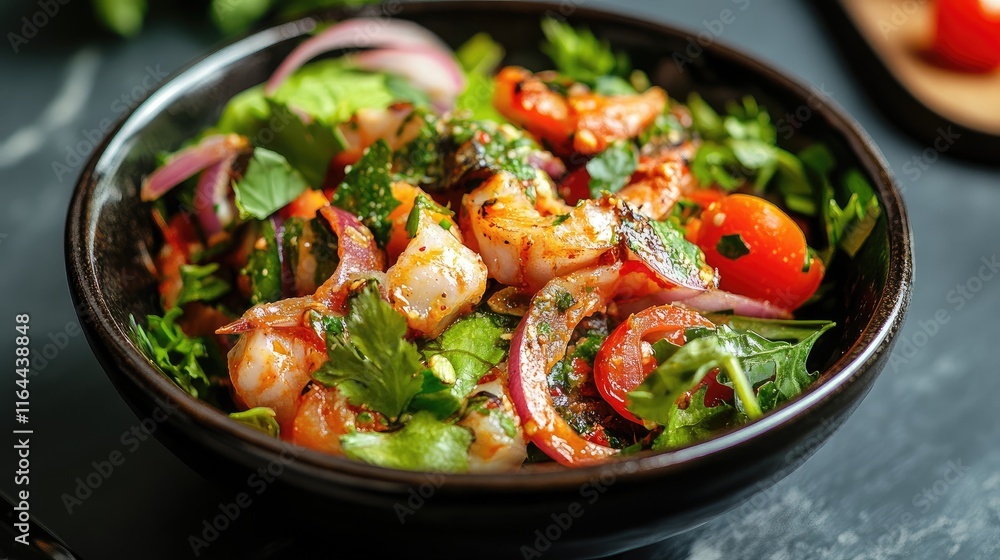 Spicy shrimp salad with fresh herbs and vegetables in a black bowl on a dark background Spicy shrimp salad with fresh herbs and vegetables in a black bowl on a dark background