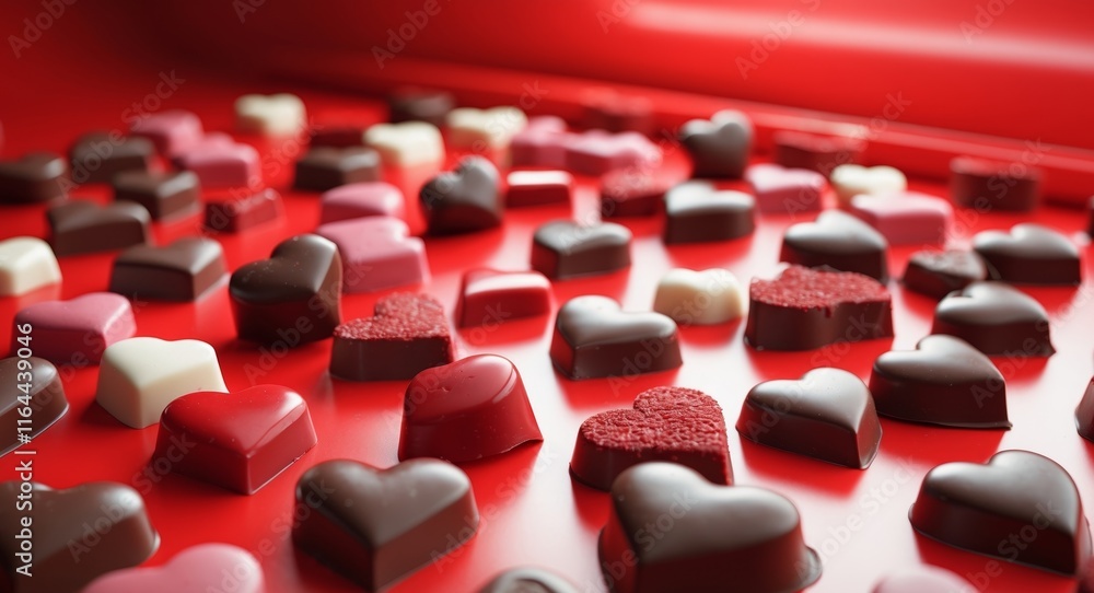 Fototapeta premium A collection of chocolate hearts on a bright red surface.