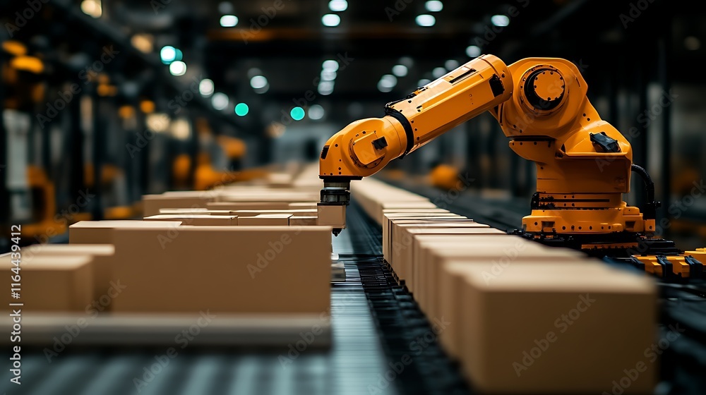 Robotic arm sorting boxes on conveyor belt in factory. Robotic arm sorting boxes on conveyor belt in factory.