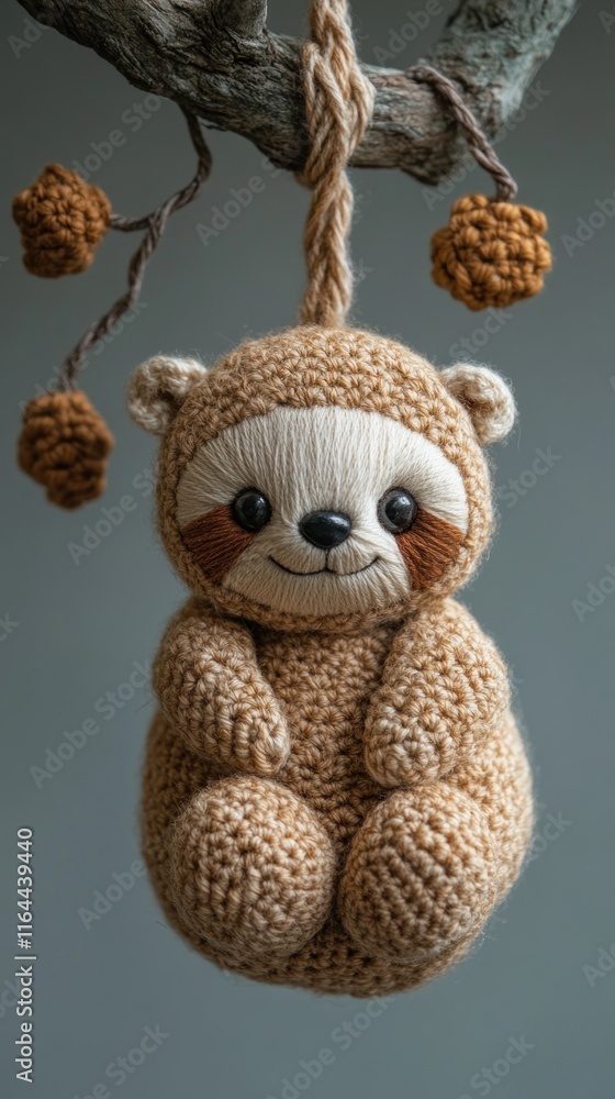 A cute crocheted sloth hanging from a branch with decorative pom-poms. A cute crocheted sloth hanging from a branch with decorative pom-poms.