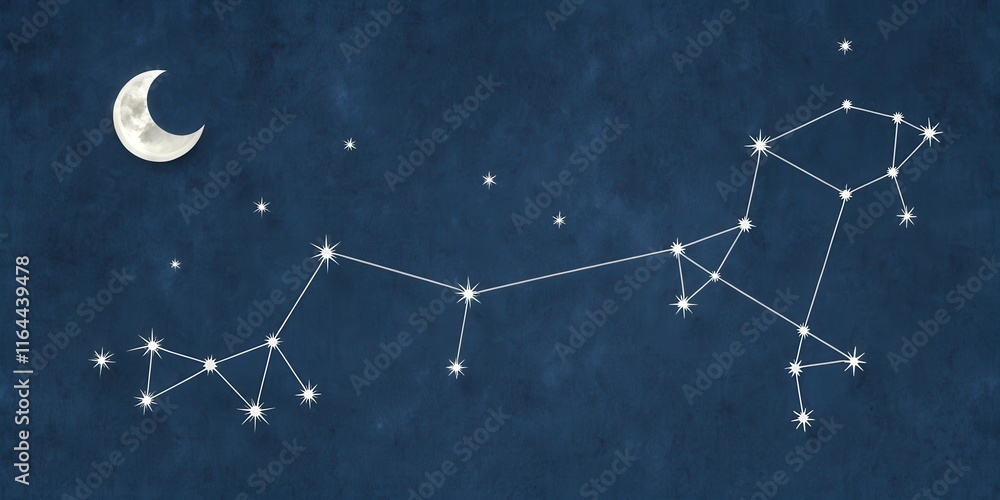 Fototapeta premium Celestial Navigation A Crescent Moon and Star Constellation on a Deep Blue Night Sky