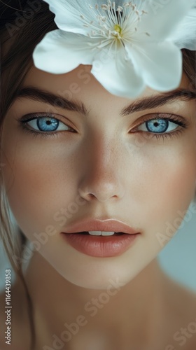 Close-up of a woman with striking blue eyes and a white flower in her hair du...