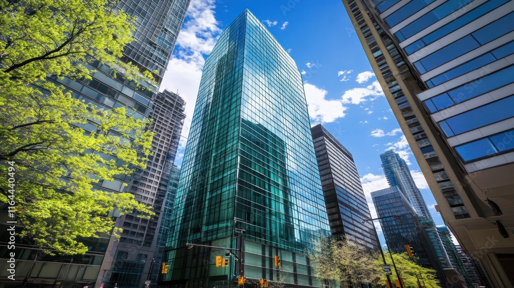 Fototapeta premium Modern Cityscape: Skyscrapers and Springtime Greenery