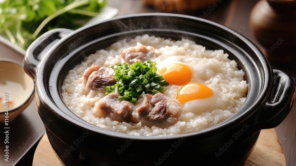Delicious boiled rice with pork and eggs served in a traditional pot for a hearty breakfast meal concept. Delicious boiled rice with pork and eggs served in a traditional pot for a hearty breakfast meal concept.