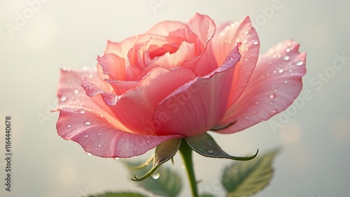 Delicate Pink Rose Flower with Translucent Petals, Dew Drops, and Velvety Texture - AI Generated Botanical Image
