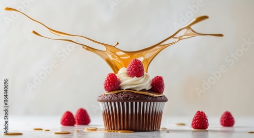 Chocolate Cupcake with Raspberries and Glaze Splash. photo