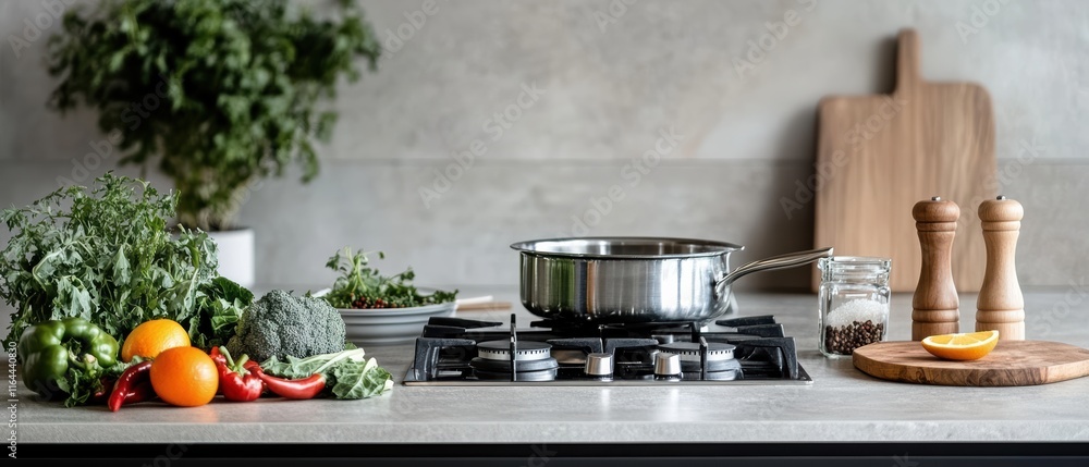 A stove top with a pot on it and a wooden cutting board with a jar of salt A stove top with a pot on it and a wooden cutting board with a jar of salt