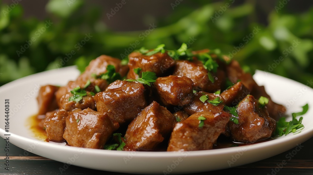 Homemade beef dumplings served on a white plate garnished with fresh parsley amidst a rustic backdrop Homemade beef dumplings served on a white plate garnished with fresh parsley amidst a rustic backdrop