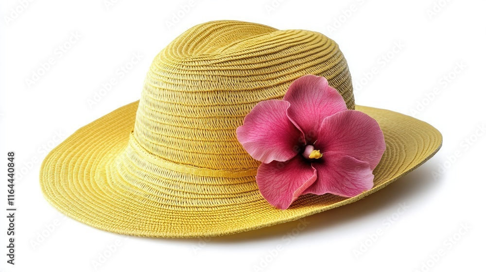 Stylish yellow beach hat adorned with pink flower isolated on clean white background for summer fashion and accessory concepts. Stylish yellow beach hat adorned with pink flower isolated on clean white background for summer fashion and accessory concepts.
