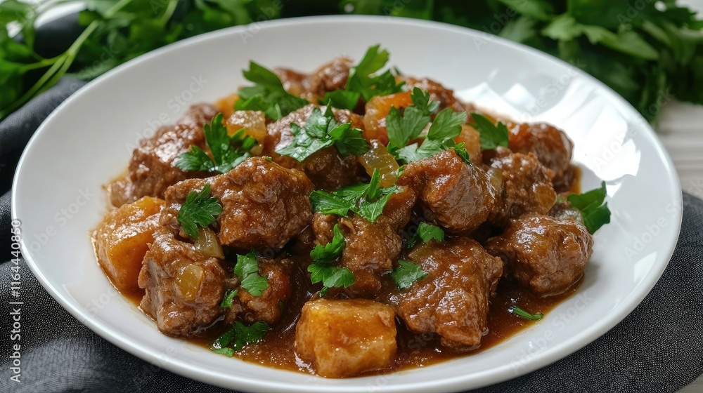Savory beef dumplings garnished with fresh parsley served on a white plate with a rich flavorful sauce and vegetables in the background Savory beef dumplings garnished with fresh parsley served on a white plate with a rich flavorful sauce and vegetables in the background