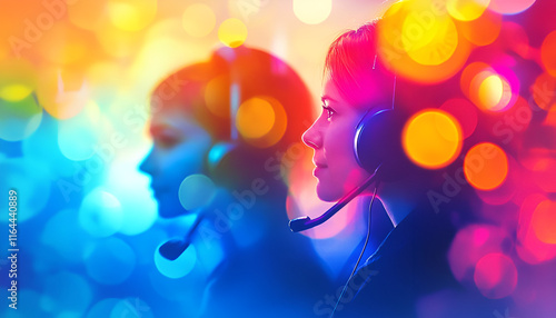 Customer support team illuminated by vibrant lights

