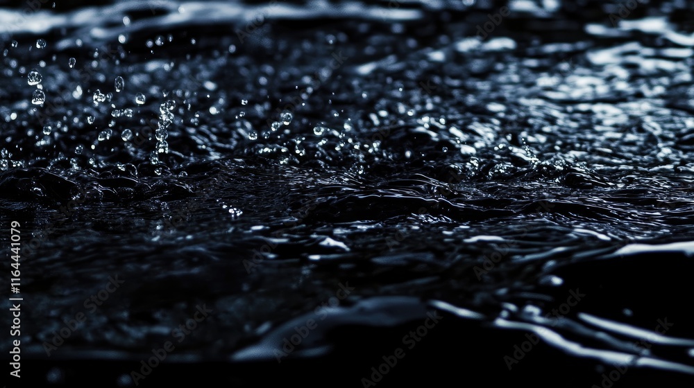 Water Droplets Splashing on Dark Surface with Negative Space and Low Angle Perspective in Artistic Composition Water Droplets Splashing on Dark Surface with Negative Space and Low Angle Perspective in Artistic Composition