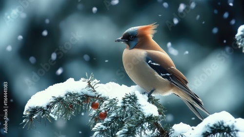 Beautiful Bohemian Waxwing perched on a snow-covered branch amid soft falling snowflakes in a serene winter landscape. photo