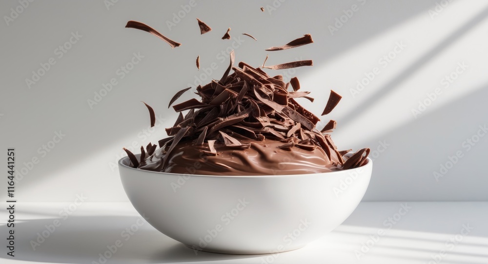 Fototapeta premium A white bowl of chocolate milk with a lot of chocolate on top