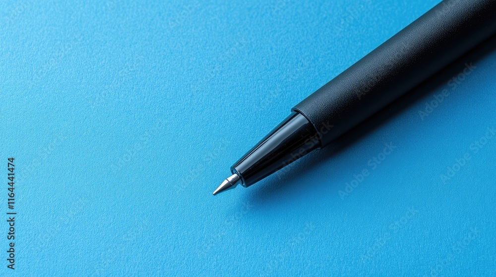 Black ballpoint pen diagonally placed on vibrant blue surface showcasing elegance and simplicity in office supplies design. Black ballpoint pen diagonally placed on vibrant blue surface showcasing elegance and simplicity in office supplies design.