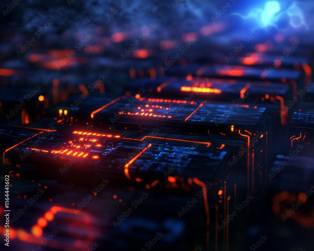 Futuristic view of electronic circuits glowing with orange lights, showcasing advanced technology in a dark environment. Futuristic view of electronic circuits glowing with orange lights, showcasing advanced technology in a dark environment.