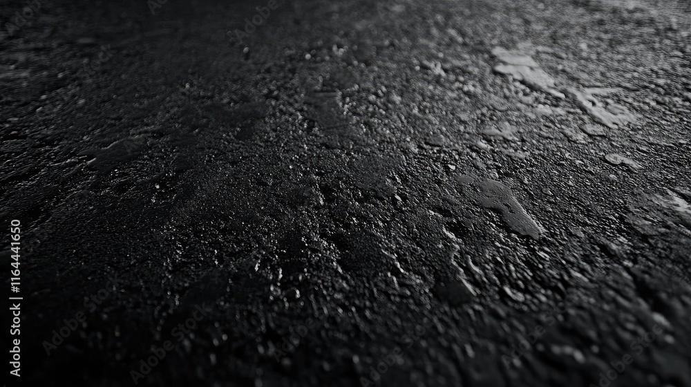 Textured black asphalt road surface with wet sheen and detailed perspective view suitable for backgrounds and design projects Textured black asphalt road surface with wet sheen and detailed perspective view suitable for backgrounds and design projects