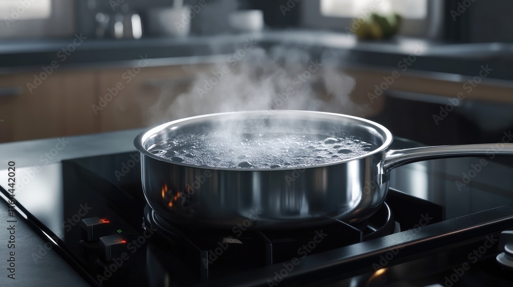 Boiling water in a stainless steel pan on modern kitchen stove with steam rising and blurred background of kitchen interior Boiling water in a stainless steel pan on modern kitchen stove with steam rising and blurred background of kitchen interior