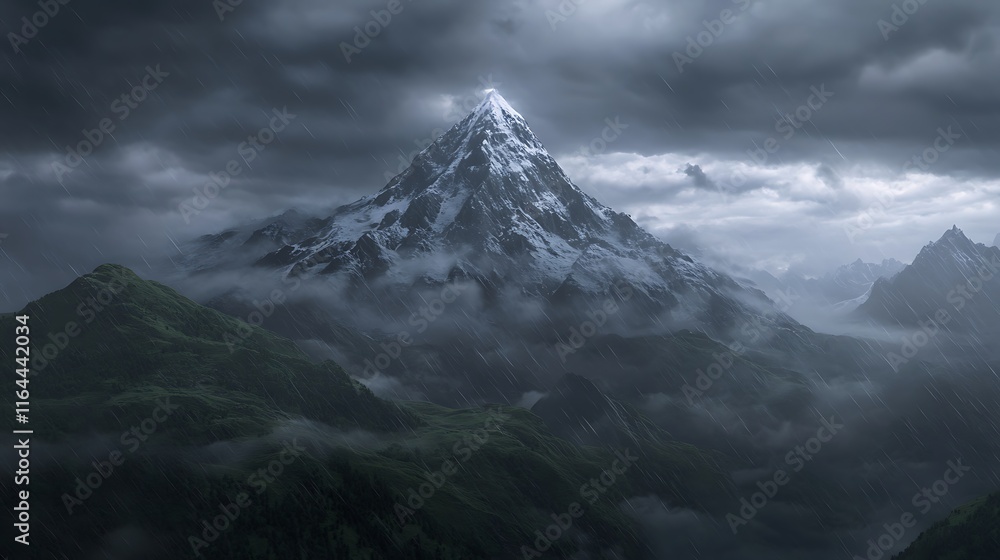 Obraz premium Snow-capped mountain peak shrouded in dark clouds with a drizzle of rain