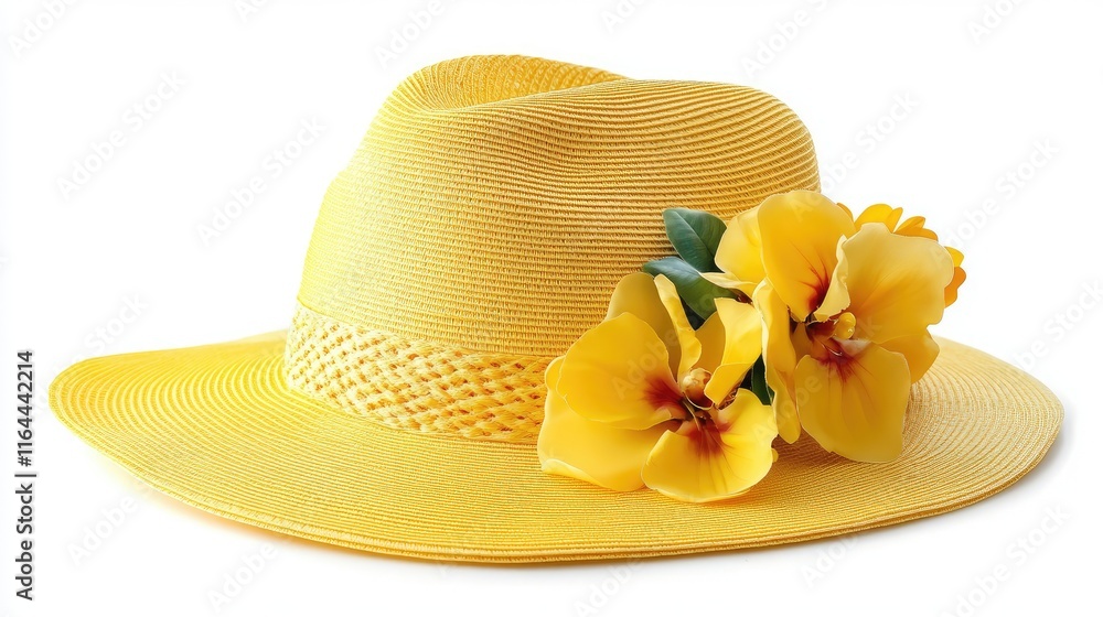 Elegant yellow beach hat adorned with vibrant flowers on a clean white background for summer fashion promotion. Elegant yellow beach hat adorned with vibrant flowers on a clean white background for summer fashion promotion.