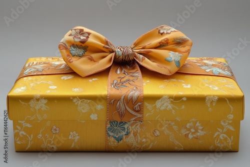 Bright yellow gift box with ribbon on neutral background ready for special oc...
