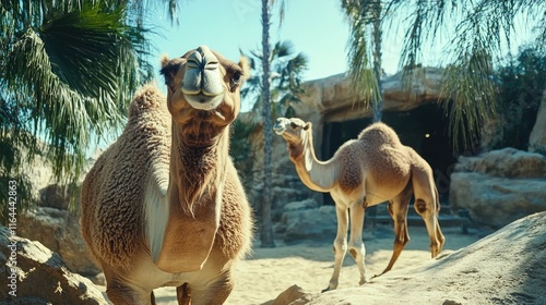 Camels in a zoo setting showcasing their distinctive humps and desert adaptability amid lush tropical surroundings photo